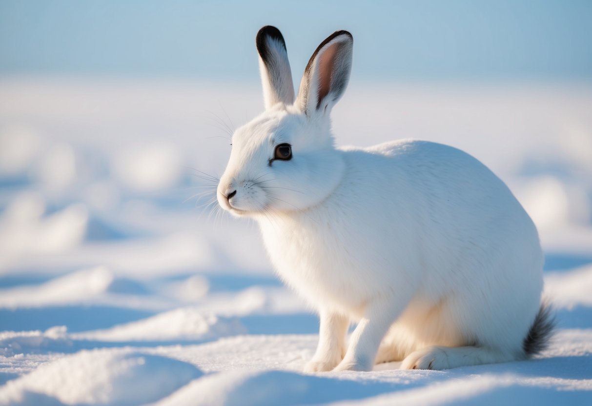 An arctic hare with white fur and black tips on its ears, blending into snowy tundra landscape