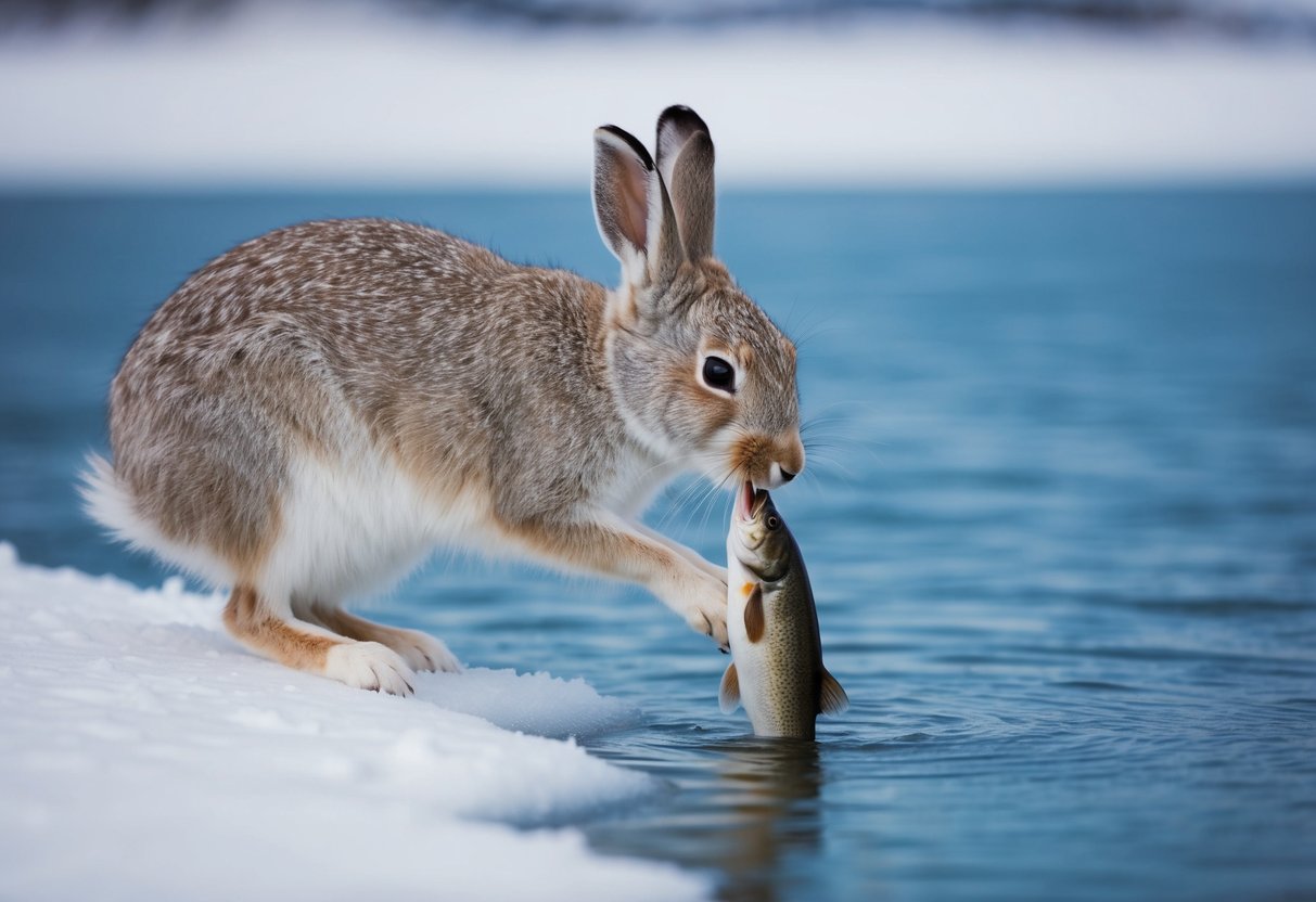 An arctic hare nibbles on a fish near a frozen lake