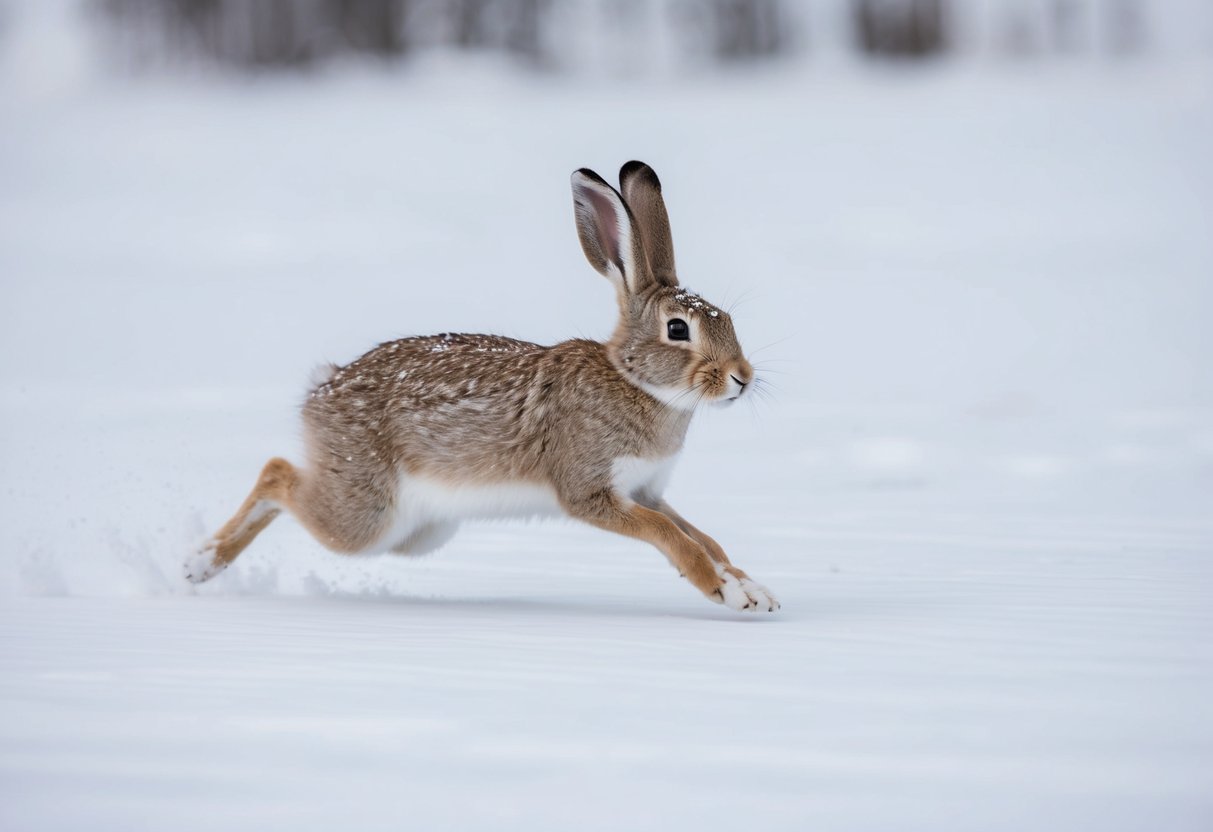 A snow hare sprints across a snowy landscape, its powerful hind legs propelling it forward with speed and agility