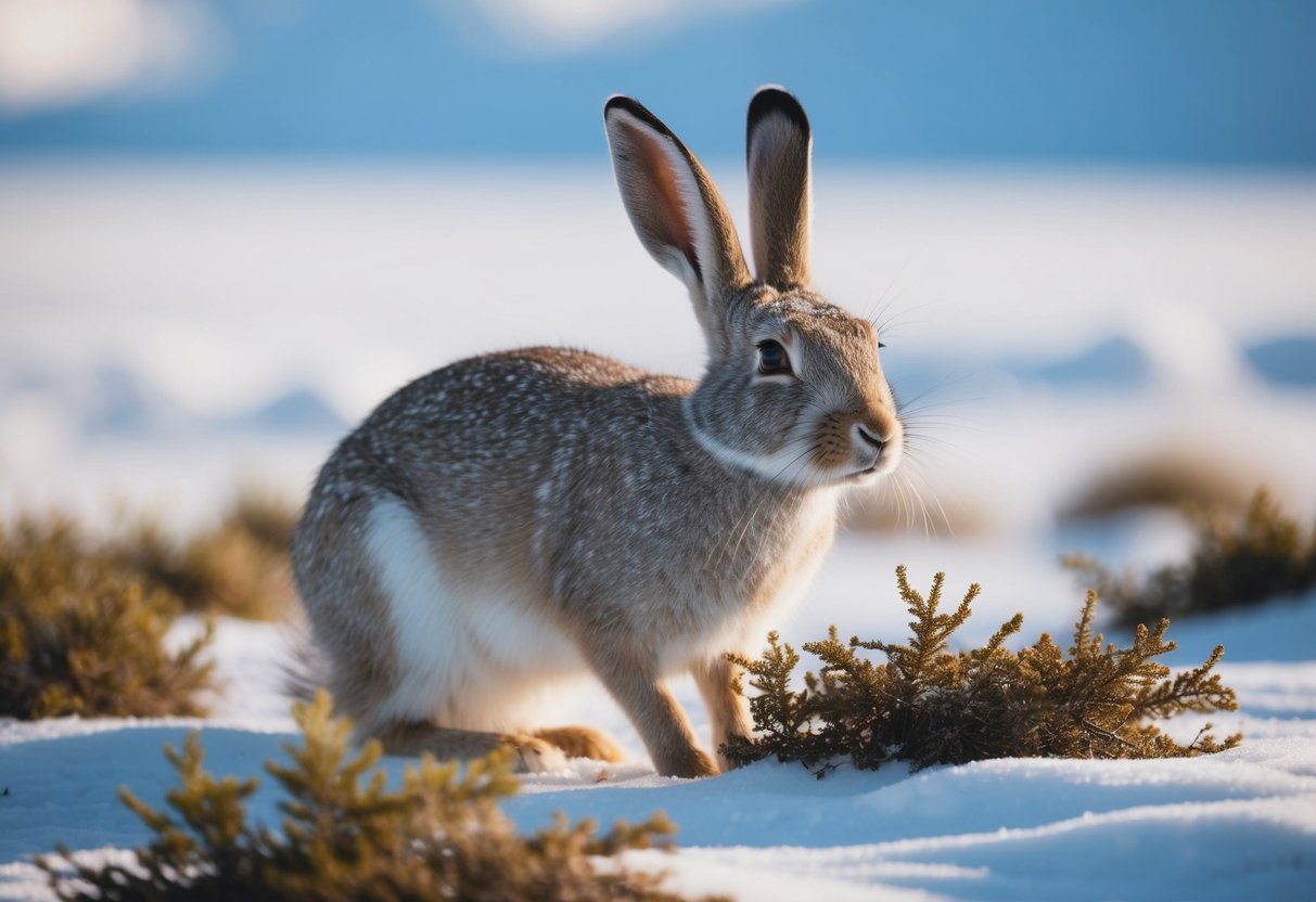 An arctic hare munches on tundra vegetation, its long ears perked up, scanning for predators in the snowy landscape