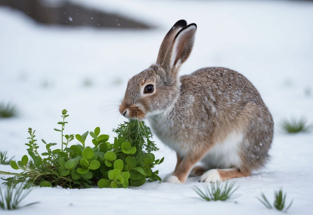 An arctic hare nibbles on fresh green vegetation, surrounded by snowy landscape