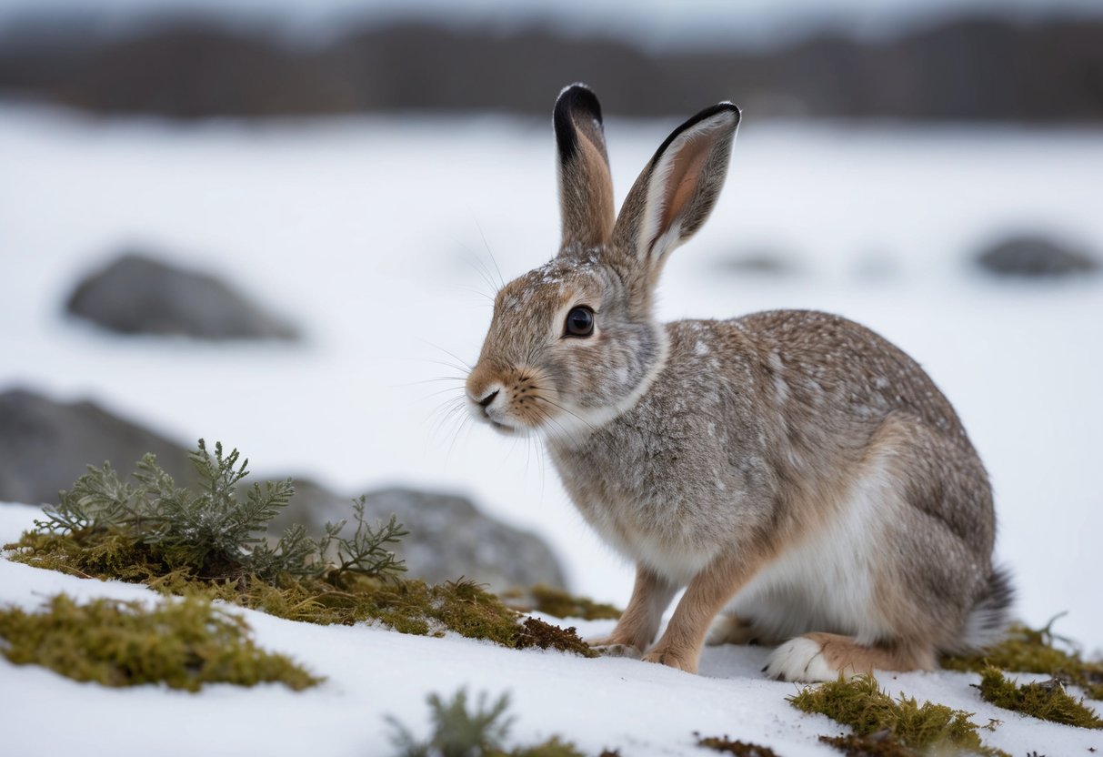 An arctic hare with black-tipped ears, nibbling on lichen and moss in a snowy landscape