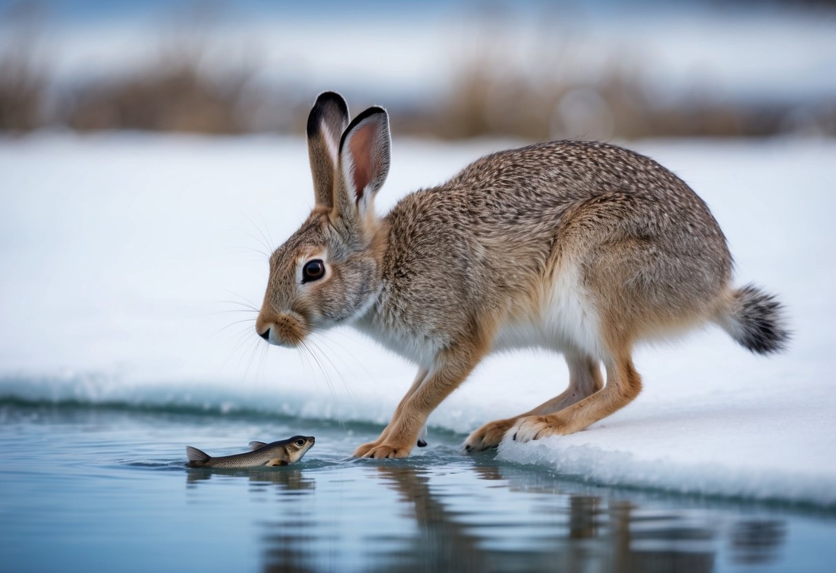 An arctic hare cautiously approaches the edge of a frozen pond, scanning for any signs of fish beneath the icy surface