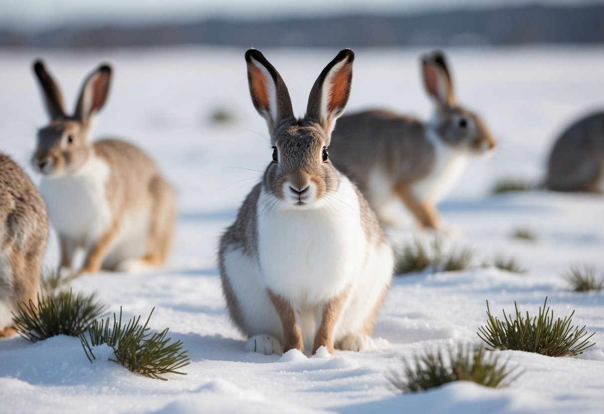 An arctic hare with black-tipped ears sits in a snowy landscape, surrounded by other hares. The hares are foraging for food, and the black-tipped ears stand out against the white snow