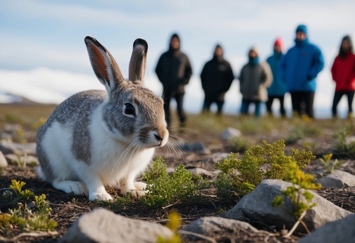 An arctic hare nibbles on vegetation while a group of humans observe from a distance