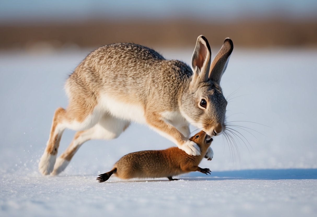 An arctic hare pouncing on a lemming, its sharp teeth bared and claws extended as it prepares to catch its prey