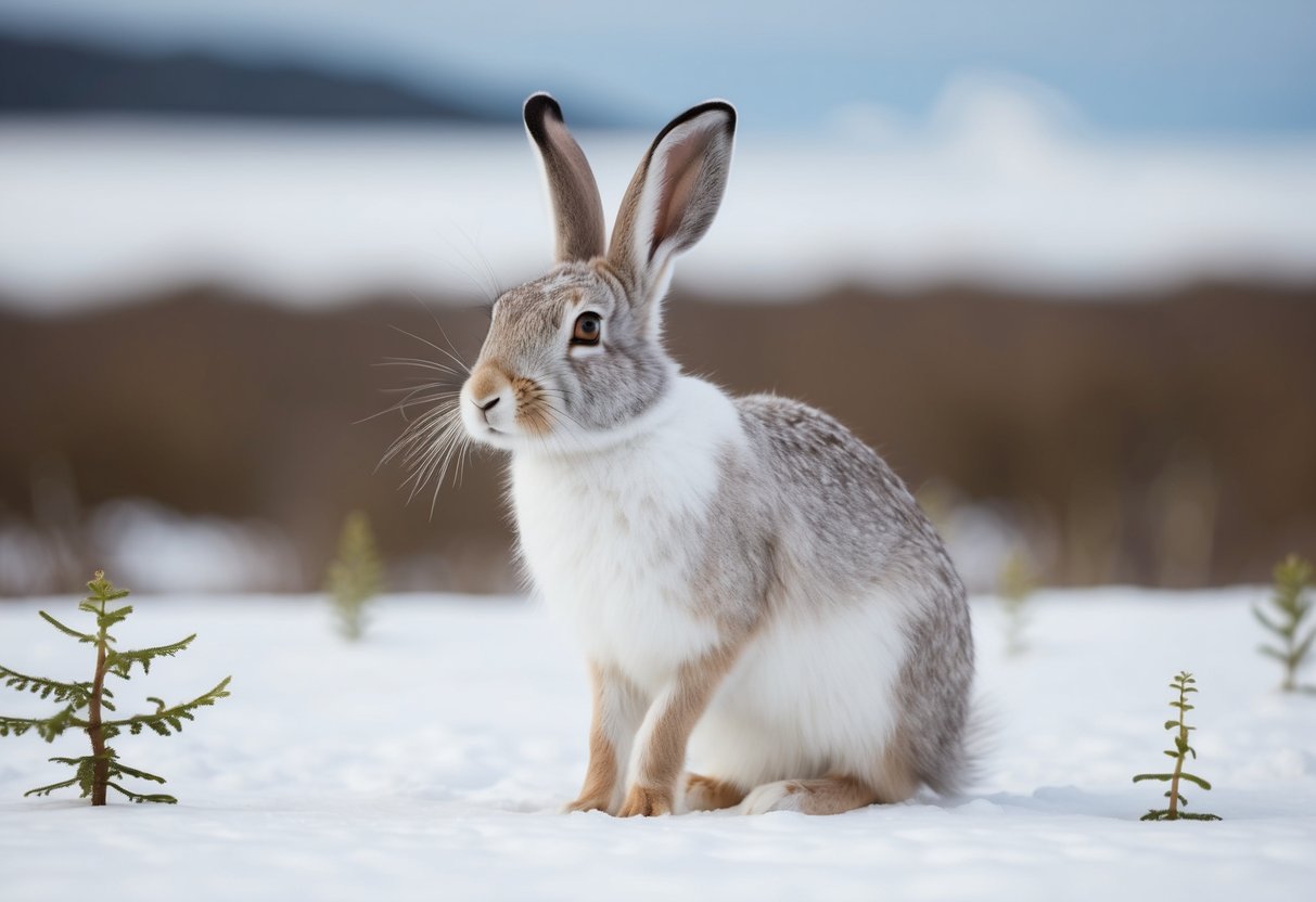 An arctic hare with long white fur and large hind legs, standing in a snowy landscape with a few small plants scattered around