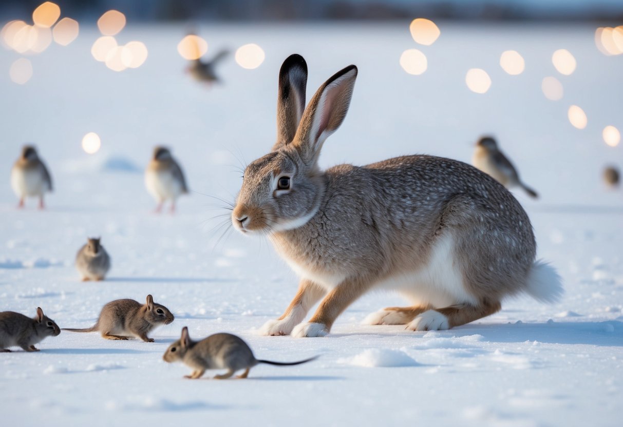 An arctic hare hunts for food in a snowy landscape, surrounded by small rodents and birds