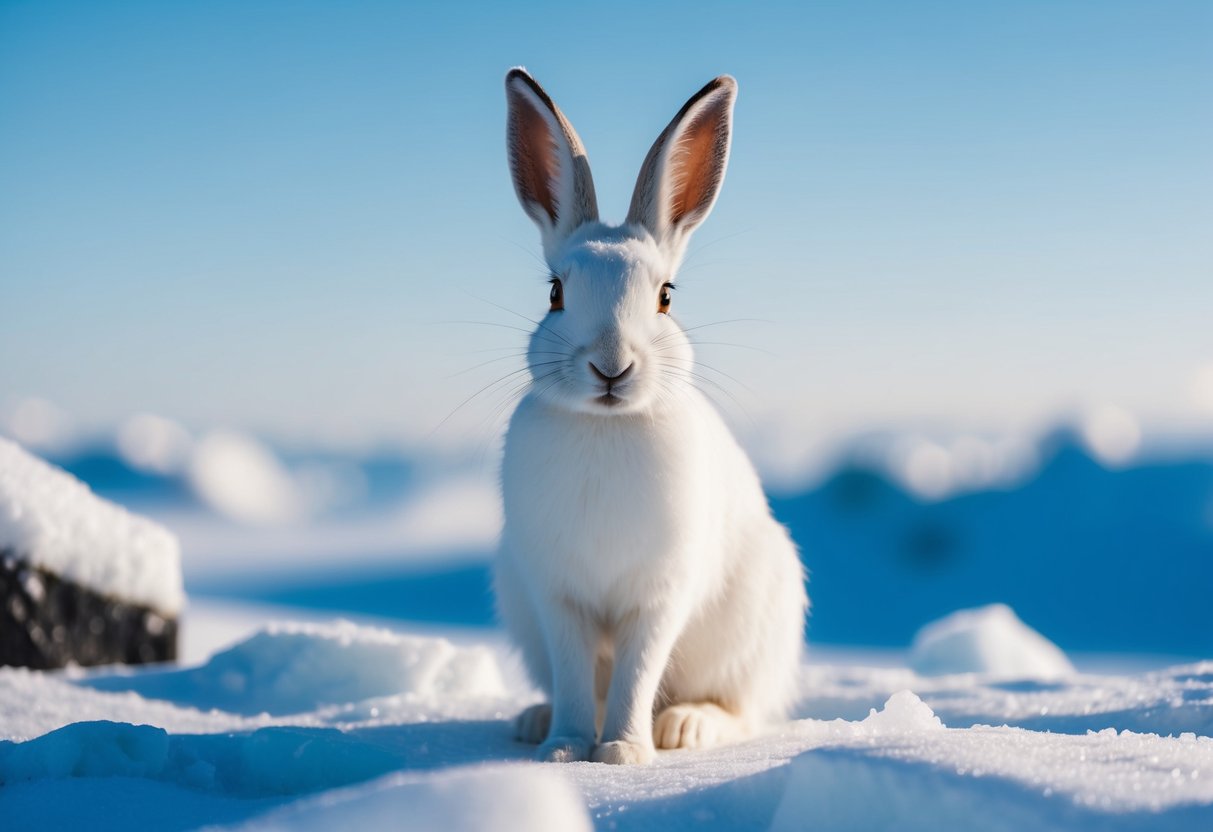 An arctic hare sitting in a snowy landscape, surrounded by icy rocks and a clear blue sky above