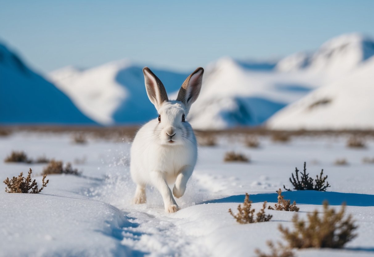 An arctic hare hops through a snowy tundra, surrounded by icy mountains and sparse vegetation