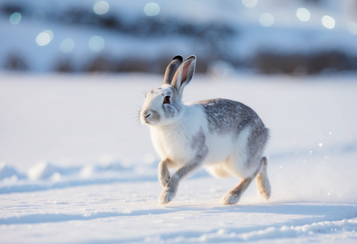 An arctic hare hopping through a snowy landscape, with its white fur blending into the icy surroundings