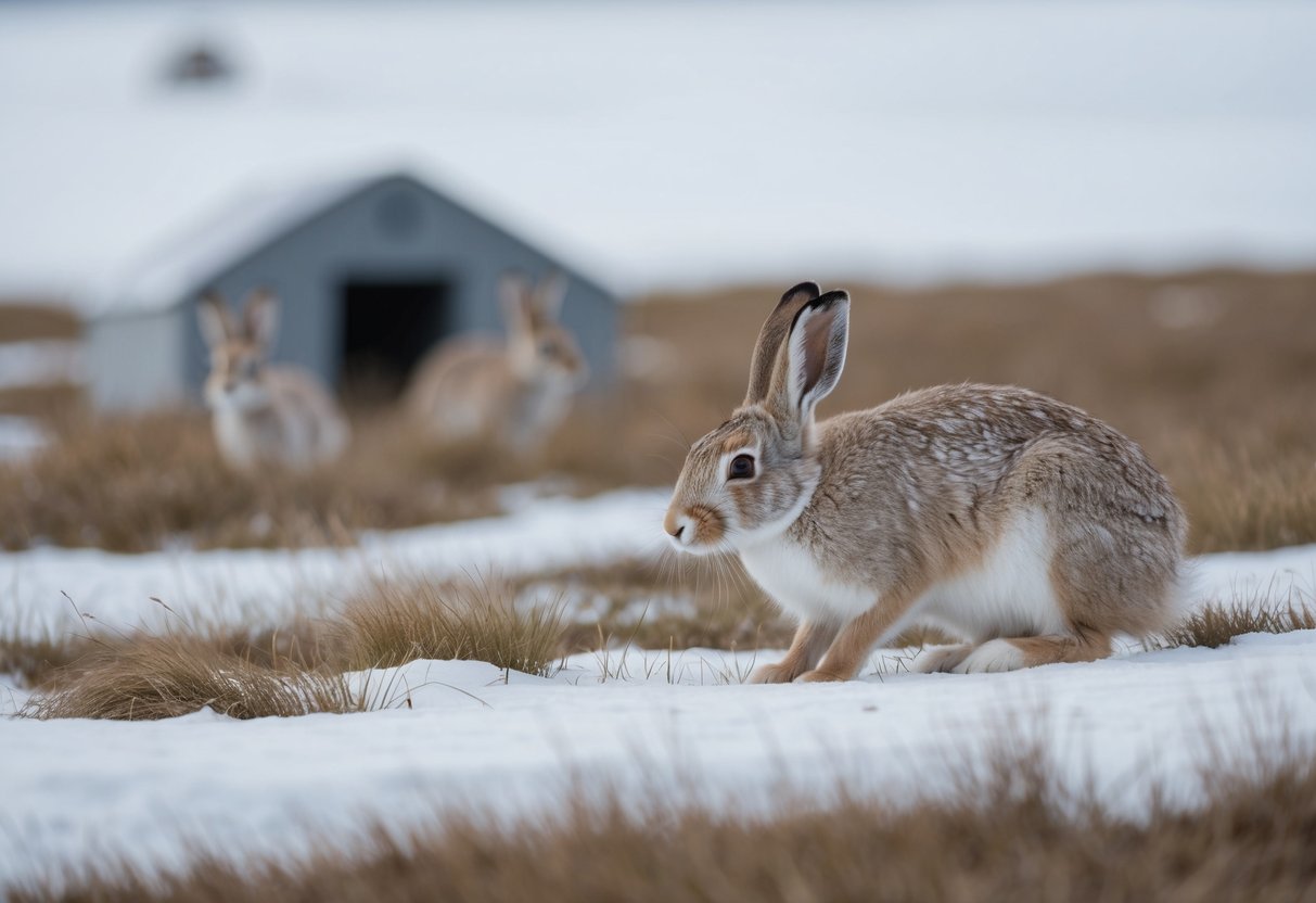 An arctic hare grazes on tundra grasses, surrounded by a snowy landscape. A den and a family of hares are visible in the background