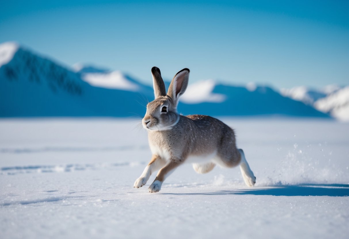 An arctic hare hops across the snowy tundra, surrounded by icy mountains and a clear blue sky