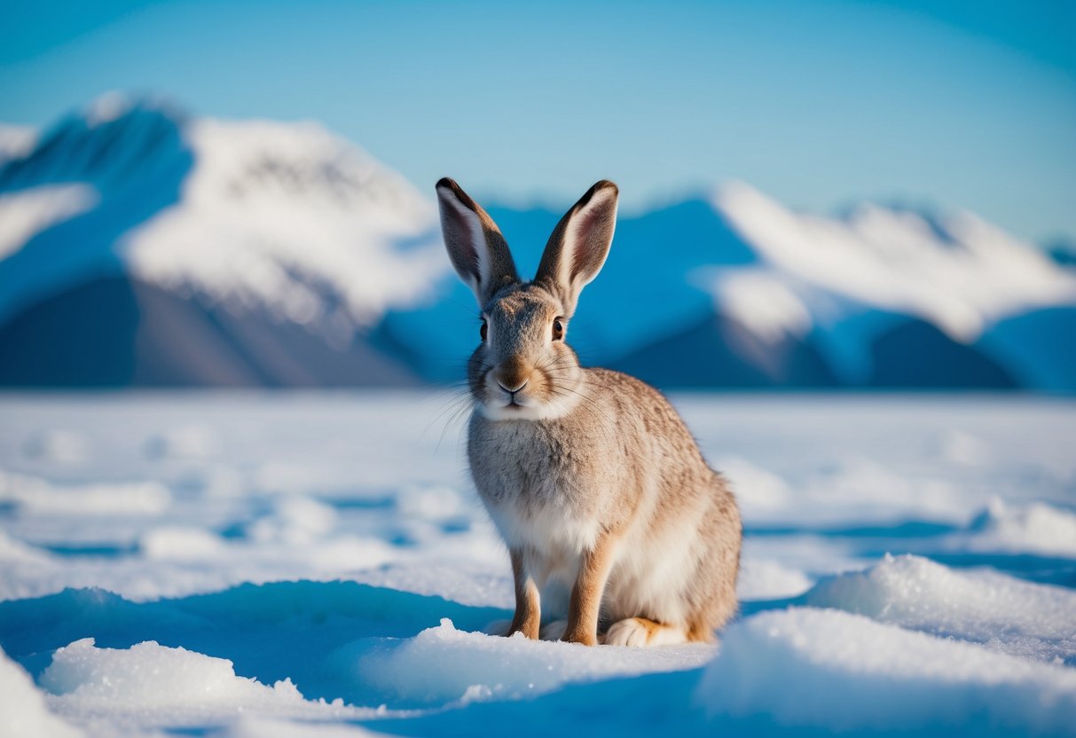 An arctic hare sitting among snowy tundra, with a backdrop of icy mountains and a clear blue sky