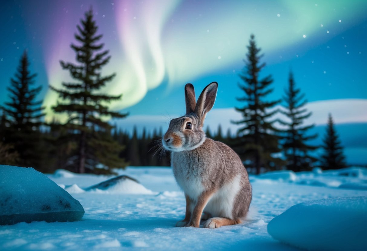 An Arctic Hare sitting in a snowy landscape, surrounded by icy rocks and evergreen trees, with the northern lights dancing in the sky above