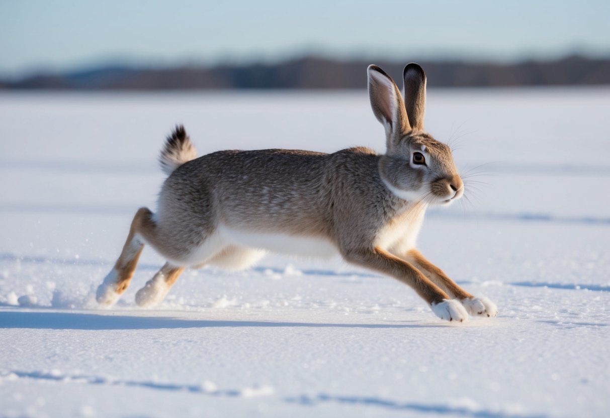 An arctic hare runs across the snowy tundra, its long hind legs propelling it forward at speeds reaching 40 miles per hour