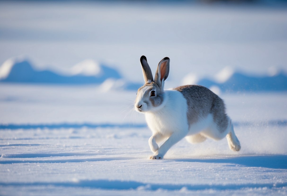An arctic hare dashing across the snowy tundra, reaching speeds of up to 40 miles per hour