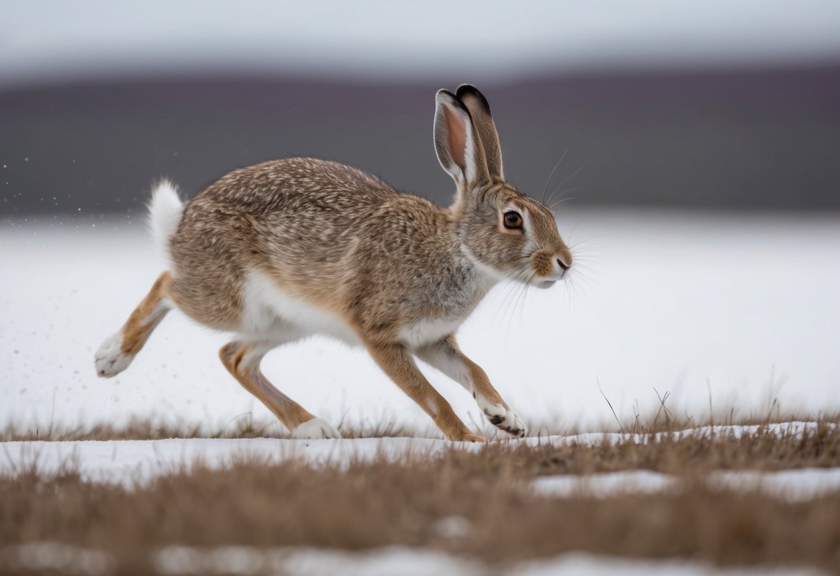 An arctic hare darts across the tundra, reaching speeds of up to 40 miles per hour in its foraging behavior