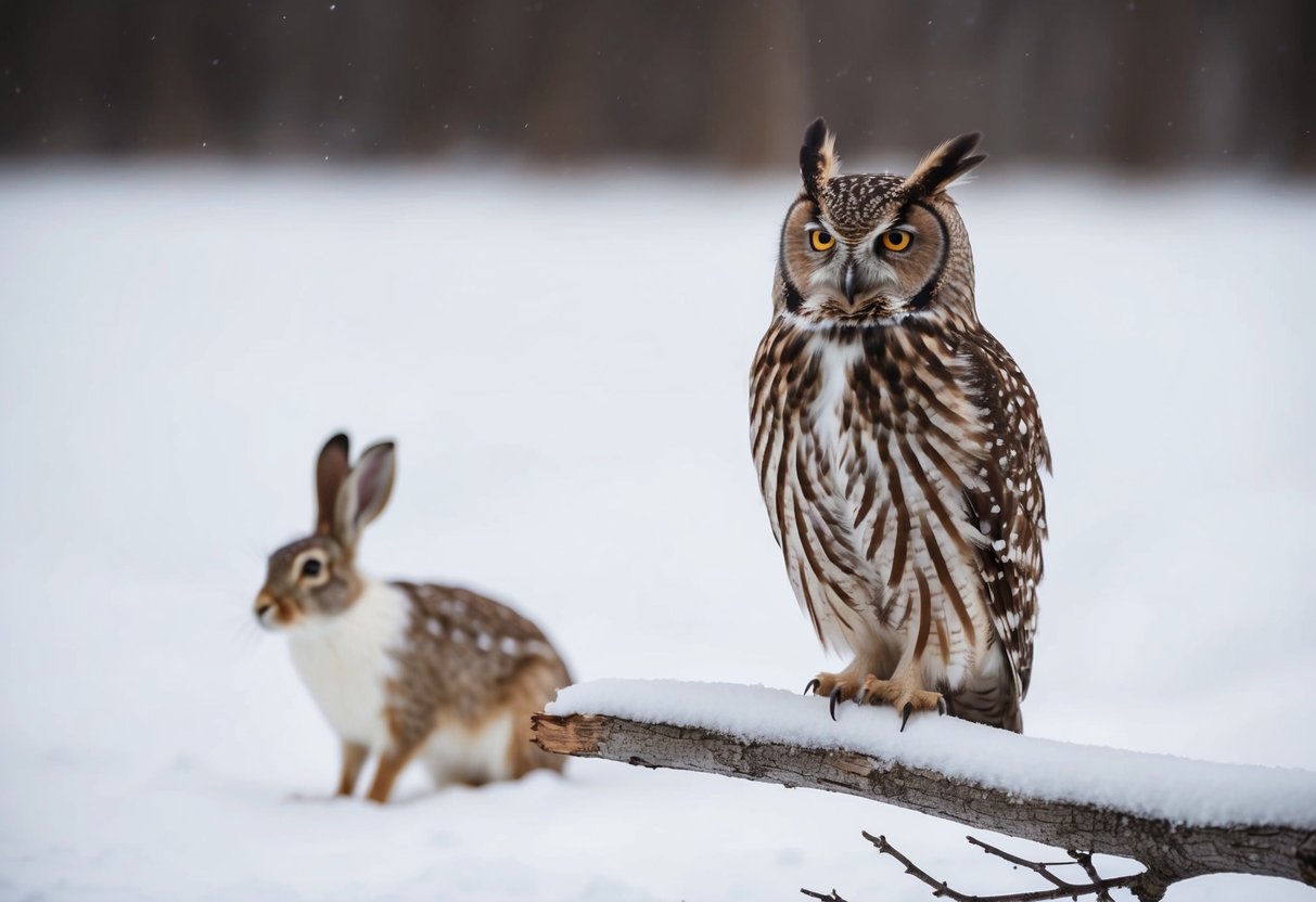 An owl perched on a snow-covered branch, with an arctic hare cautiously watching from a distance