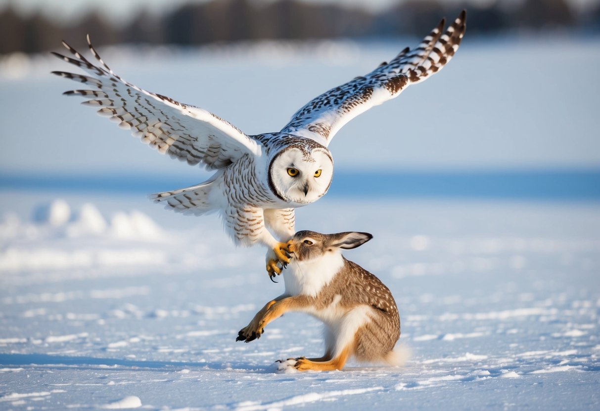 An Arctic owl swoops down on a snow-covered landscape, clutching a struggling arctic hare in its talons