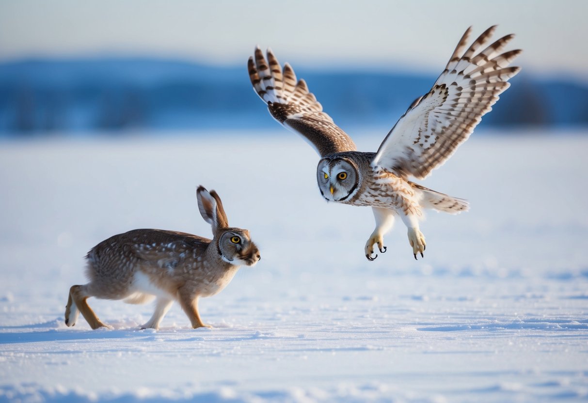 An owl swoops down on an arctic hare in the snowy tundra