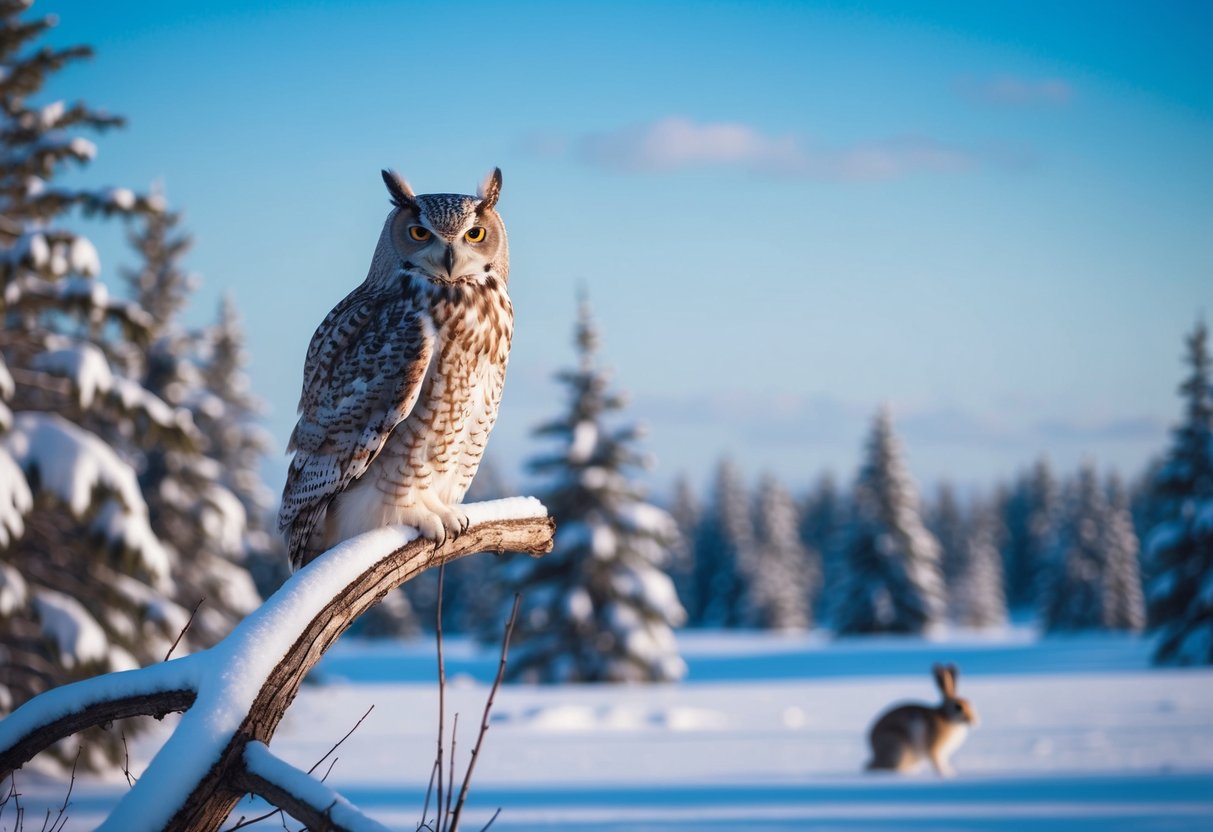 A snowy landscape with an owl perched on a branch, hunting an arctic hare in the distance. Snow-covered trees and a clear blue sky