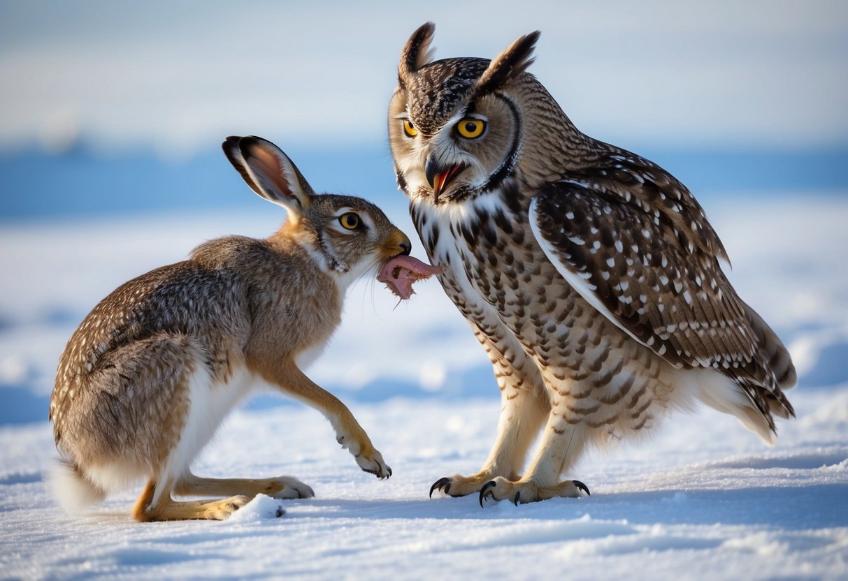 An owl perched on a snowy tundra, tearing into the flesh of an arctic hare with its sharp beak
