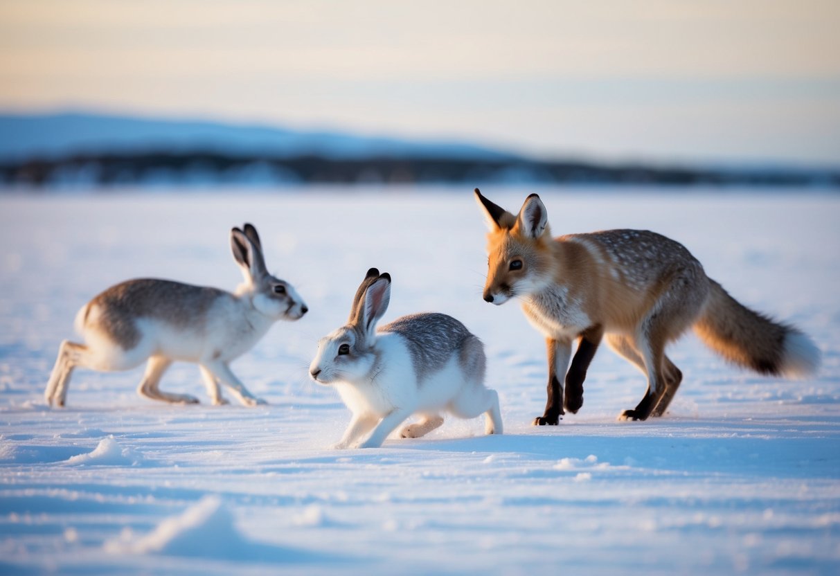 Arctic hares hunted by a stealthy arctic fox in the snowy tundra