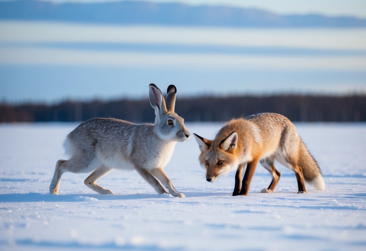 Arctic hares hunted by arctic foxes in snowy tundra