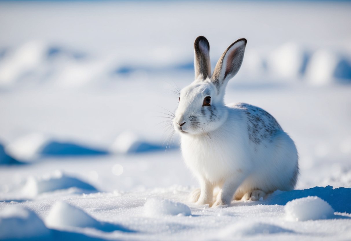 An arctic hare blends into the snowy landscape, its white fur camouflaging it against the icy terrain