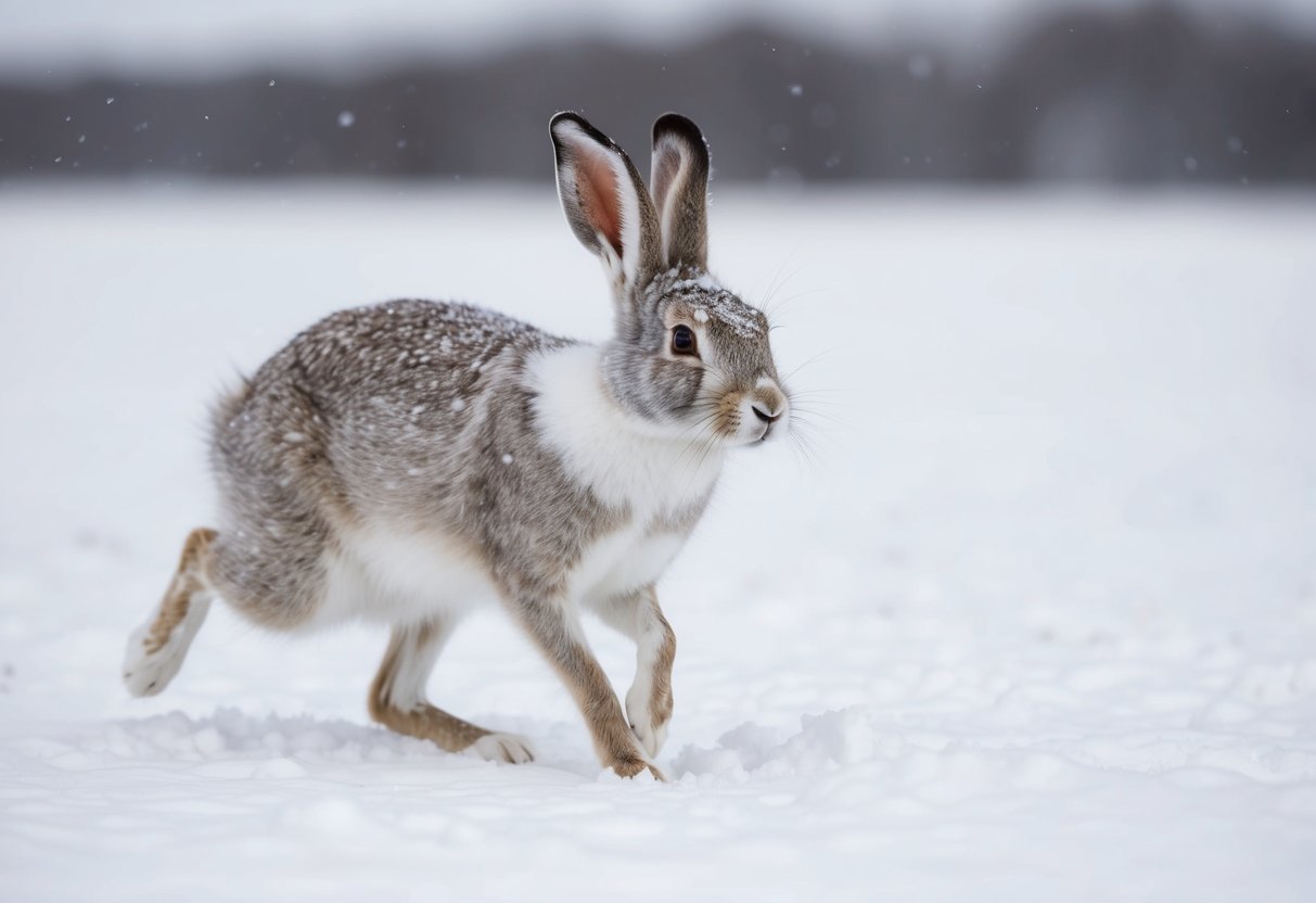 An arctic hare blends into the snowy landscape, its fur a mix of white and gray, with large hind legs for hopping through the snow