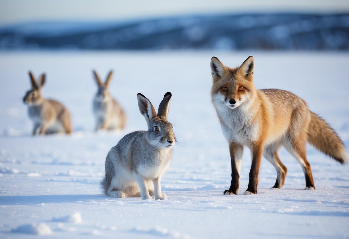 Arctic hares hunted by arctic foxes in snowy tundra