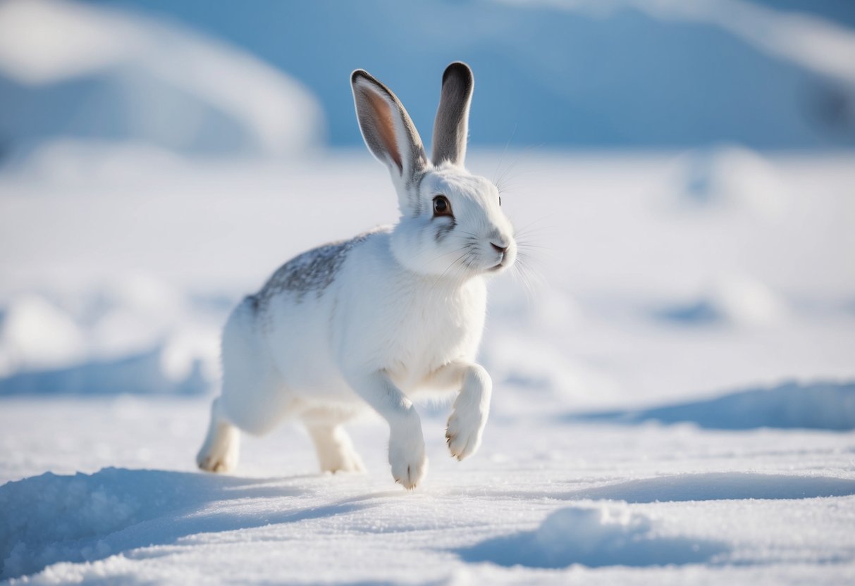 An arctic hare hops through a snowy landscape, blending in with its white fur against the icy background