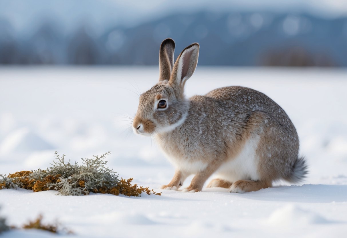 An arctic hare blends into the snowy landscape, nibbling on lichen and grass