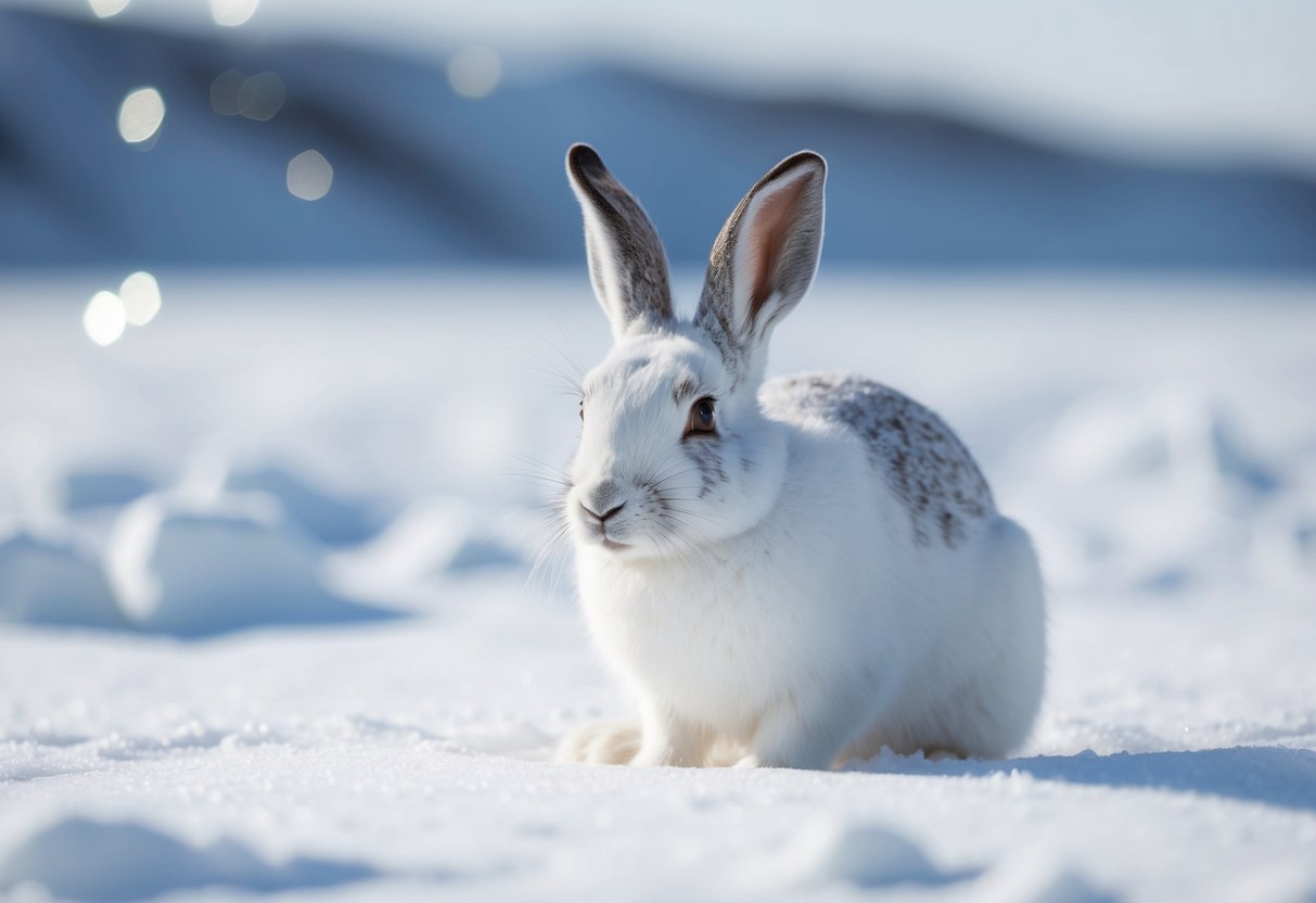 An arctic hare in a snowy landscape, surrounded by white fur, blending into the icy terrain