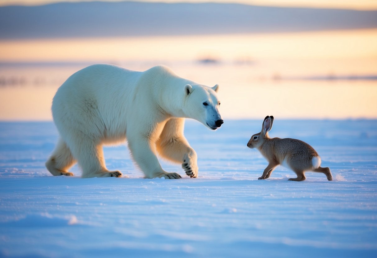 A polar bear stalks an arctic hare across a snowy landscape, ready to pounce