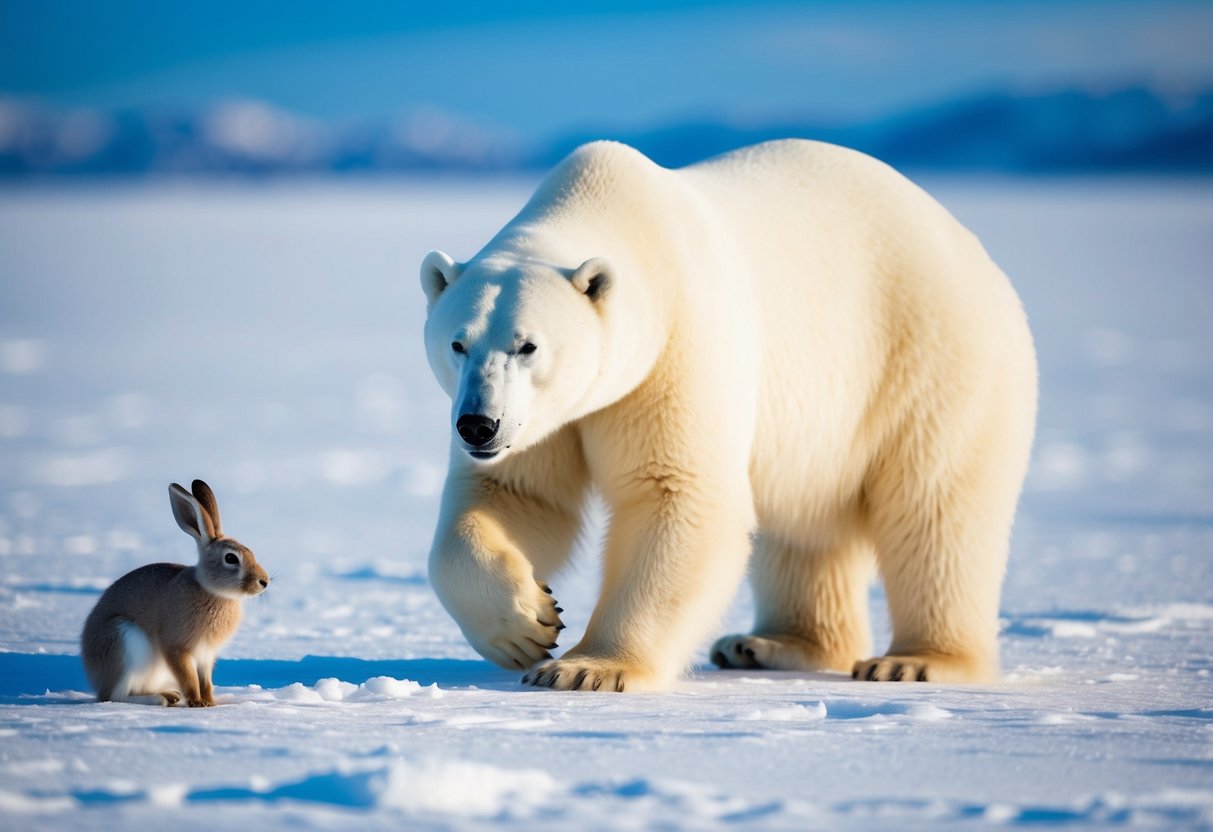 A polar bear stalking an arctic hare through the snowy tundra