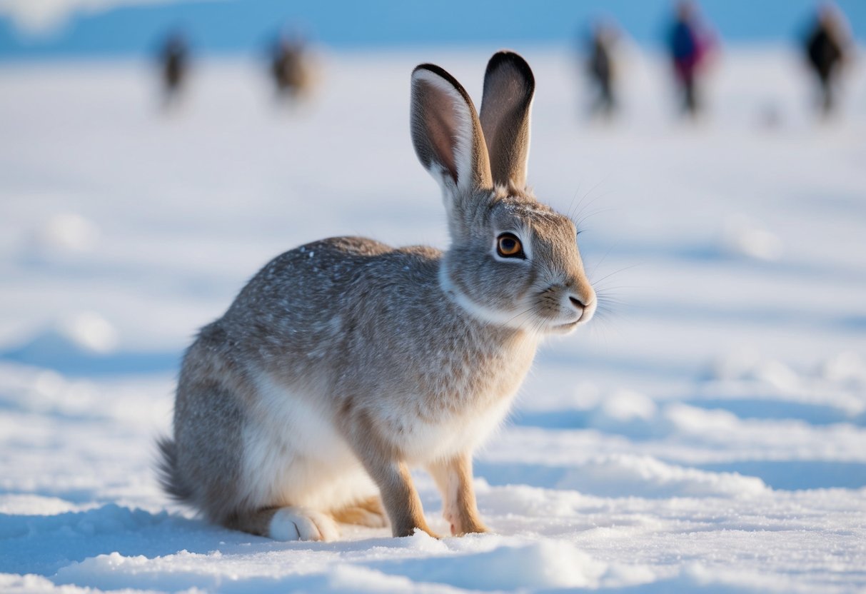 An arctic hare's ears perk up as it listens intently to the sound of distant footsteps on the snow-covered tundra