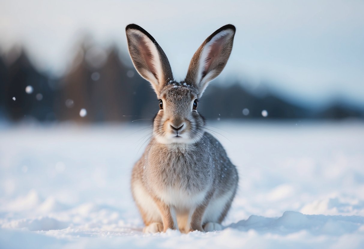 An Arctic hare with large ears perked up, surrounded by snowy landscape