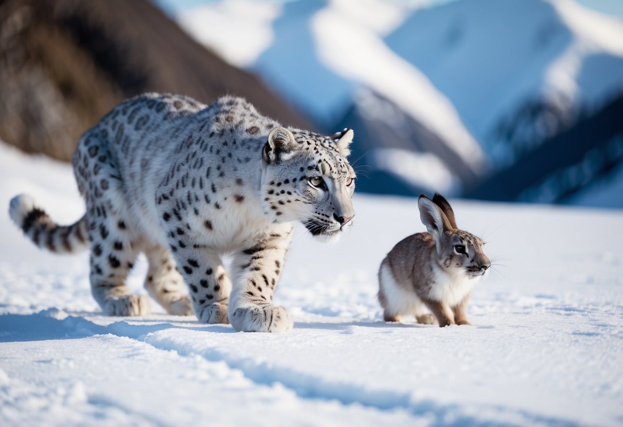 A snow leopard crouches in the snowy mountains, stalking an arctic hare