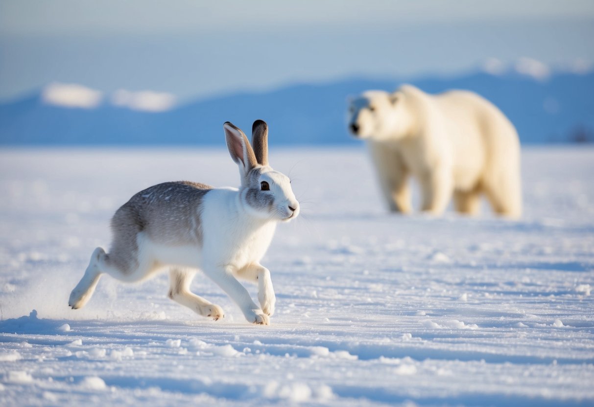 An arctic hare dashes across the snow-covered tundra, its white fur blending in with the icy landscape. In the distance, a polar bear lurks, watching the hare intently as it prepares to hunt