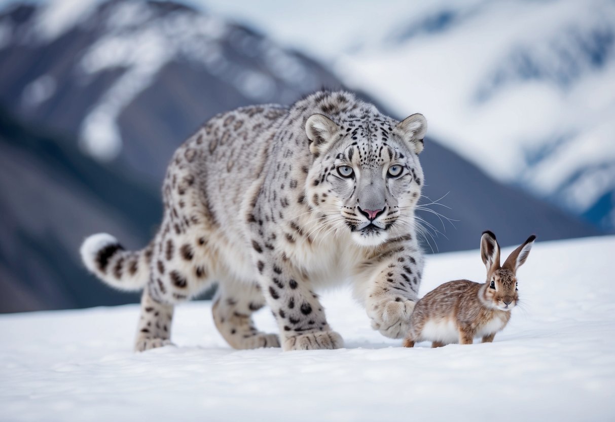 A snow leopard crouches in the snowy mountains, stalking an arctic hare