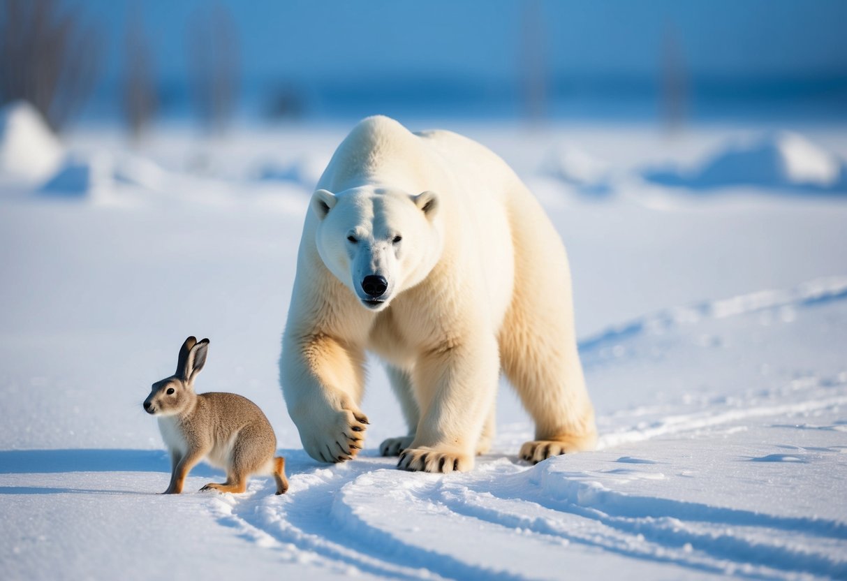 A polar bear stalks an arctic hare across a snowy landscape, its powerful muscles coiled and ready to pounce