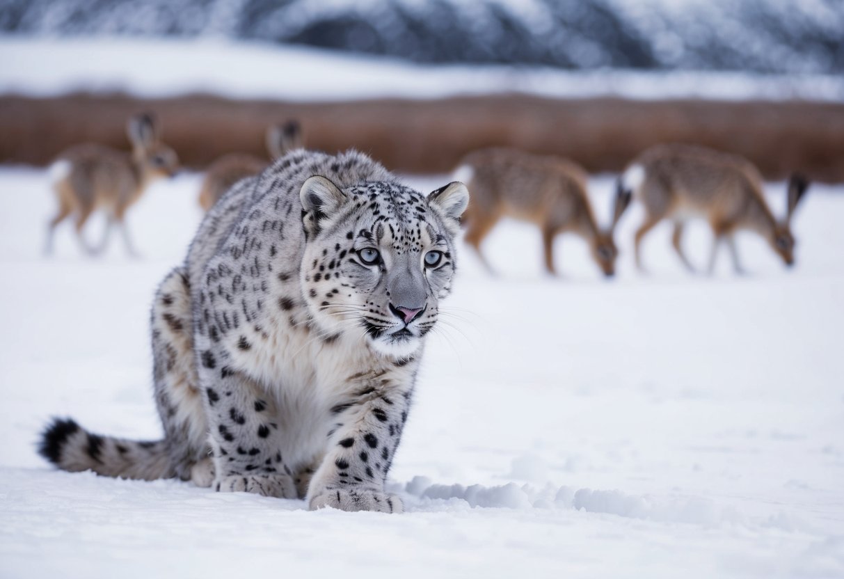 A snow leopard crouches in the snow, its eyes fixed on a group of arctic hares grazing in the distance