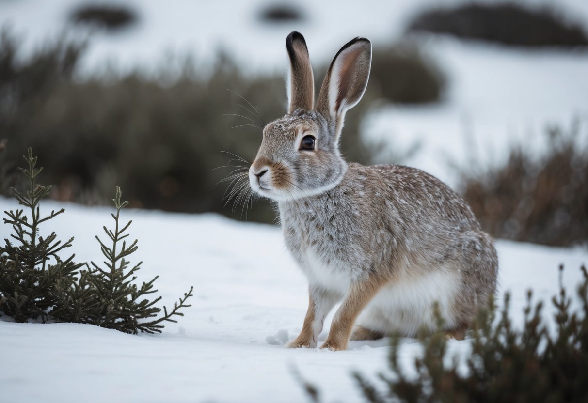 An arctic hare with large ears listens for sounds in a snowy landscape, surrounded by plants and shrubs