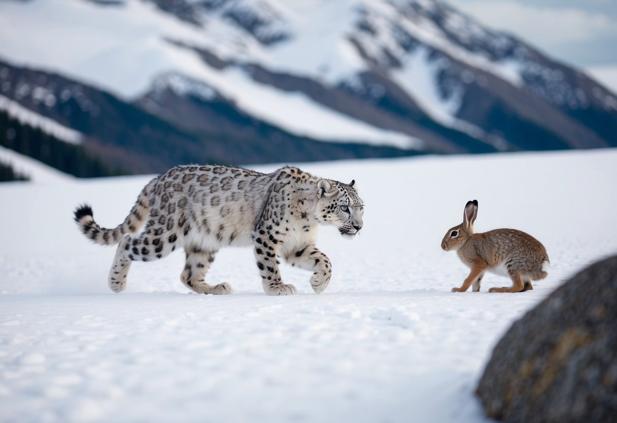 A snow leopard stalks an arctic hare in a snowy alpine landscape