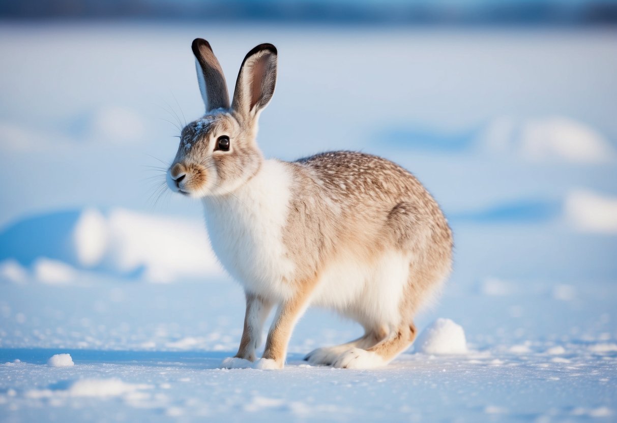 A male arctic hare standing on a snowy tundra, with its white fur blending into the icy landscape