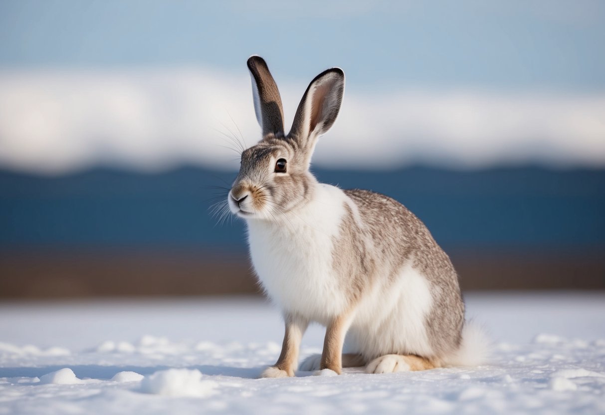 A male arctic hare, also known as a buck, has thick white fur, long ears, and large hind feet, adapted for survival in the harsh Arctic environment