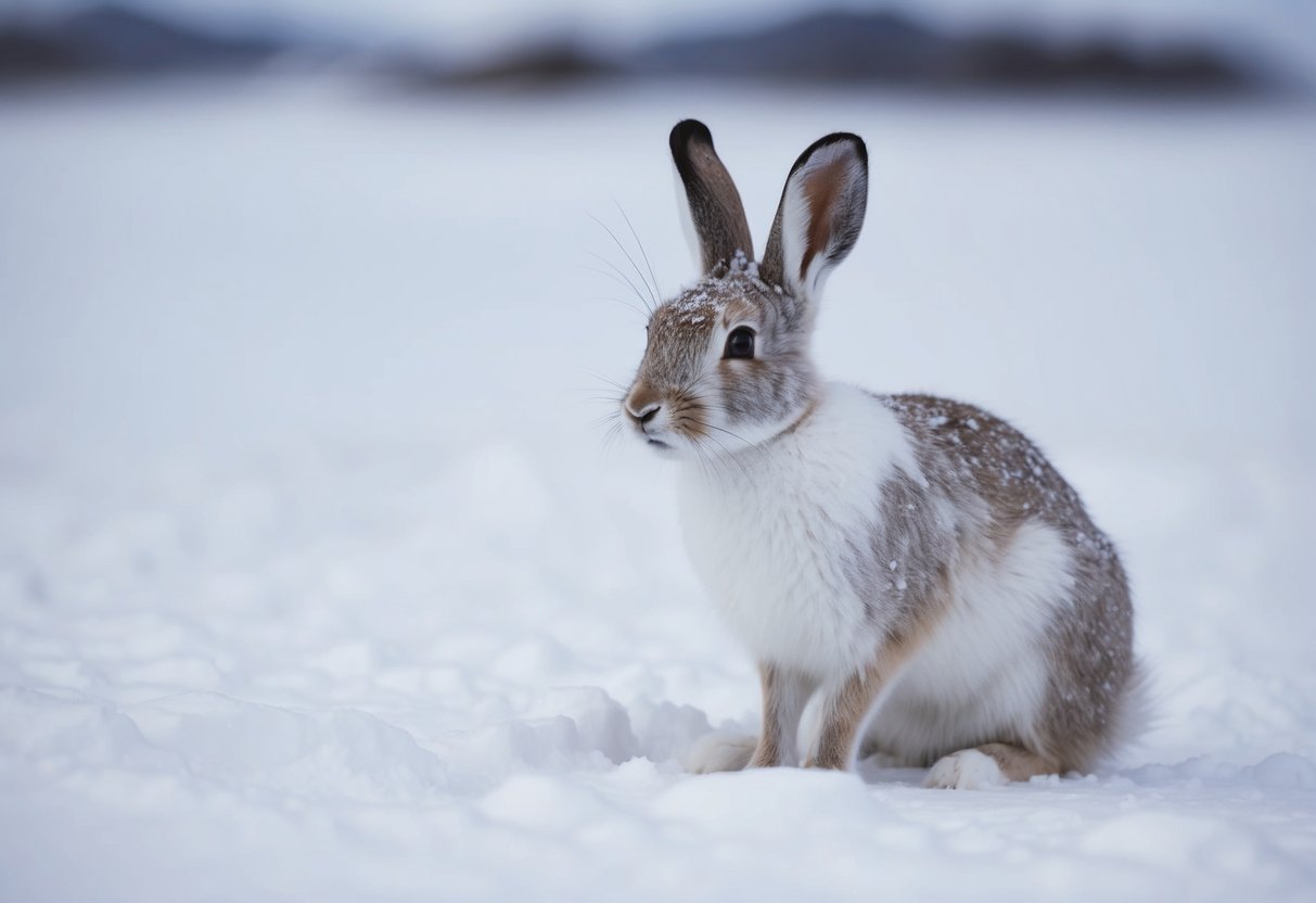 A female arctic hare, also known as a doe, sits amidst the snowy tundra, her white fur blending seamlessly with the icy landscape