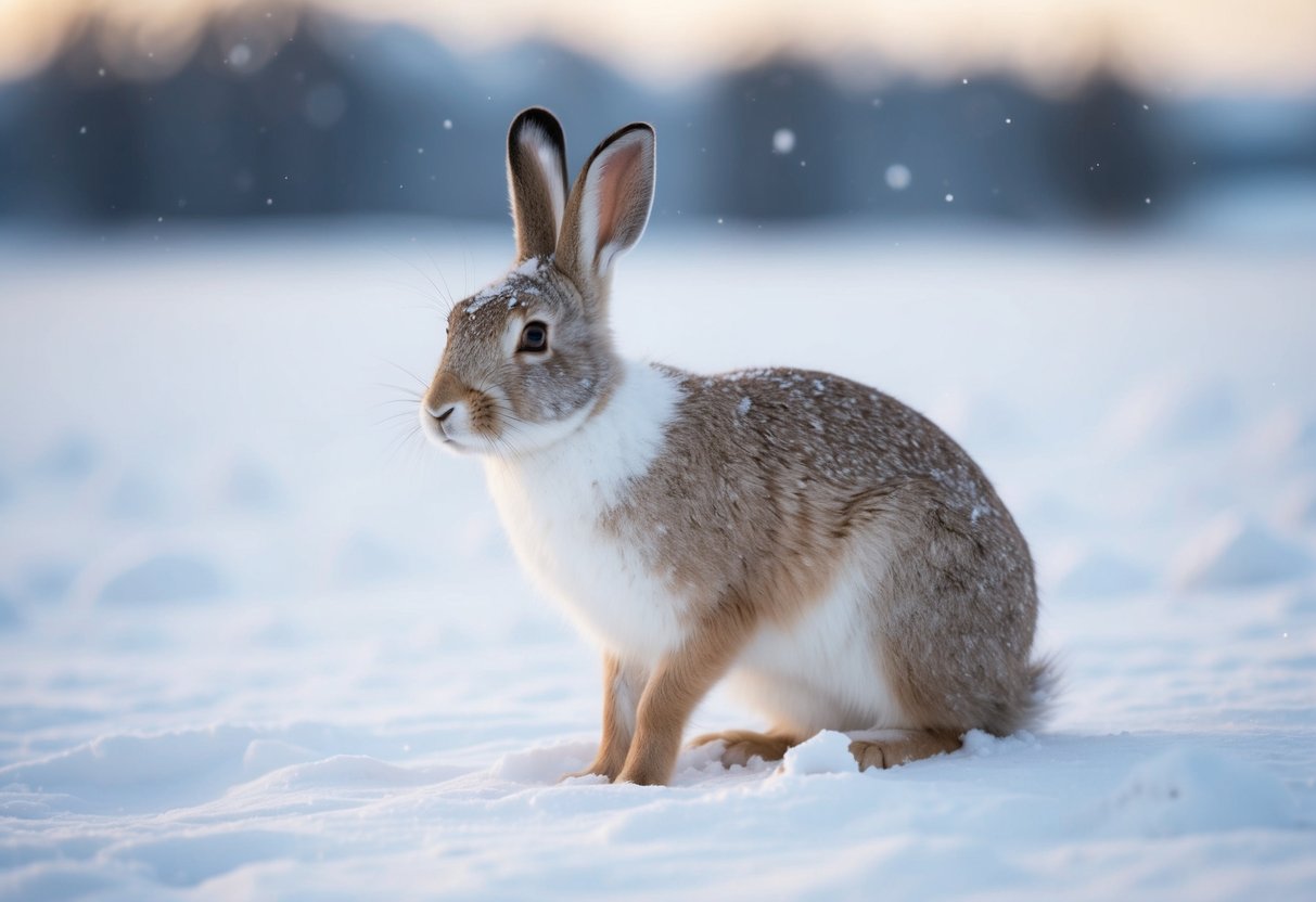 An arctic hare blends into snowy landscape, its coat changing from brown to white as winter arrives